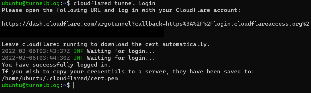 The command "cloudflared tunnel login" being ran. The output is a dash.cloudflare.com URL and afterwards "You have successfully logged in."
