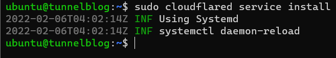 The command "sudo cloudflared service install" being ran and two lines, "INF Using Systemd" and "INF systemctl daemon-reload" being displayed.