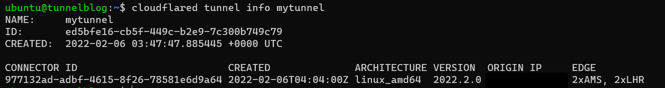 The output of the command "cloudflared tunnel info mytunnel", which shows the name, ID, creation date and a list of connections. There should be one connection visible.